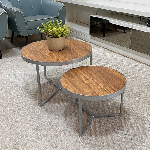 Conjunto Mesa de Centro Redonda Dallas Amadeirado - Prata