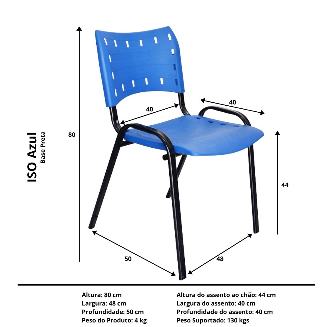 Kit com 10 Cadeiras Iso para Escola Escritório Comércio Azul Base Preta Ecomhome - 7