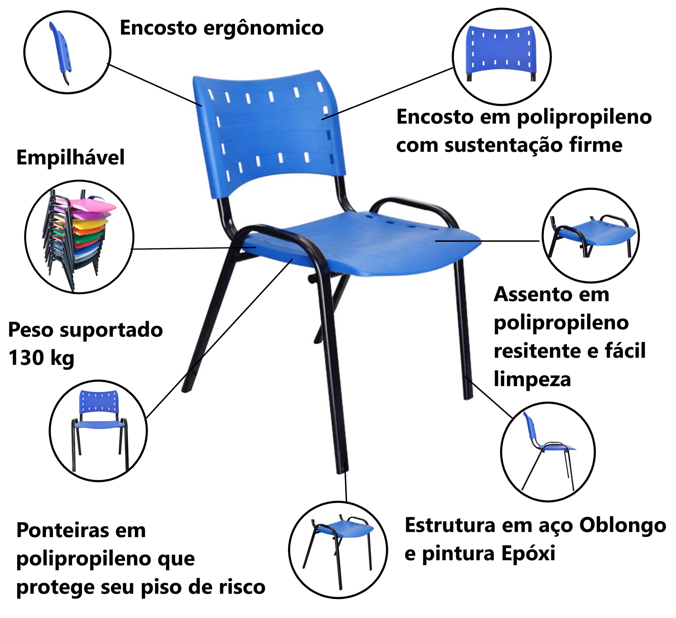 Kit com 10 Cadeiras Iso para Escola Escritório Comércio Azul Base Preta Ecomhome - 5