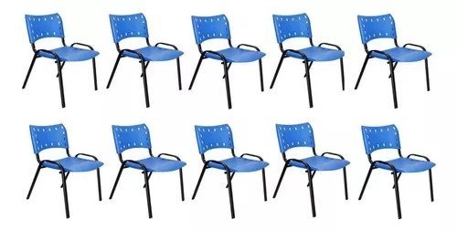 Kit Com 10 Cadeiras Iso Para Escola Escritório Comércio Azul Base Preta - 1