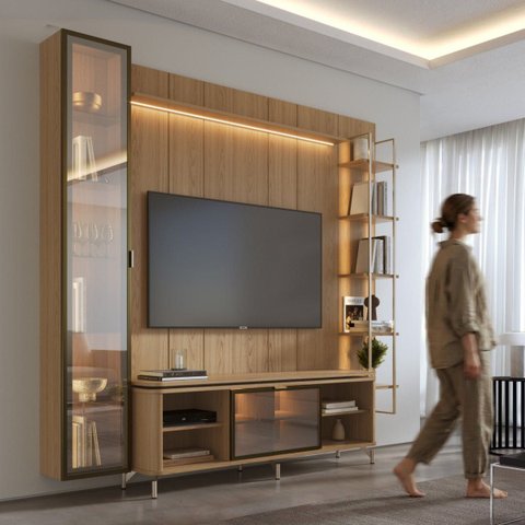 Estante para TV até 75 Polegadas com Prateleiras e Cristaleira Vidro Reflecta 100% MDF com LED Neon