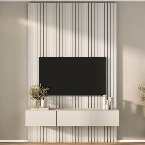 Rack com Painel Ripado para TV até 60 Polegadas 160CMX250CM Aruá CabeCasa MadeiraOriginals Offwhite