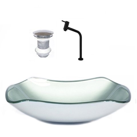 Cuba de Vidro Abaulada 51cm Prata + Valvula + Torneira Preta