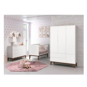 Kit Quarto Infantil Square Branco - Berço + Cômoda com Porta + Guarda-roupa 3 Portas