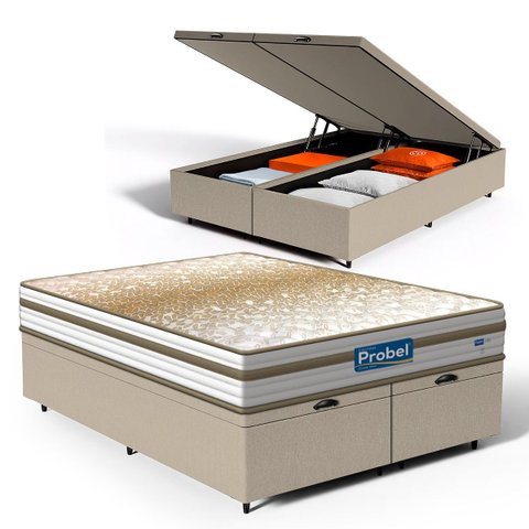 Cama Box Baú com Colchão de Molas Ensacadas Double Face Pillow Euro Alfa Probel Queen 158cm