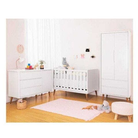 Kit Quarto Infantil Theo Branco - Berço + Guarda-roupa + Cômoda com Porta