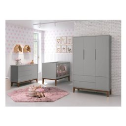 Kit Quarto Infantil Square Cinza - Berço + Cômoda com Porta + Guarda-roupa 3 Portas - 1