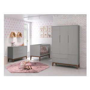 Kit Quarto Infantil Square Cinza - Berço + Cômoda com Porta + Guarda-roupa 3 Portas