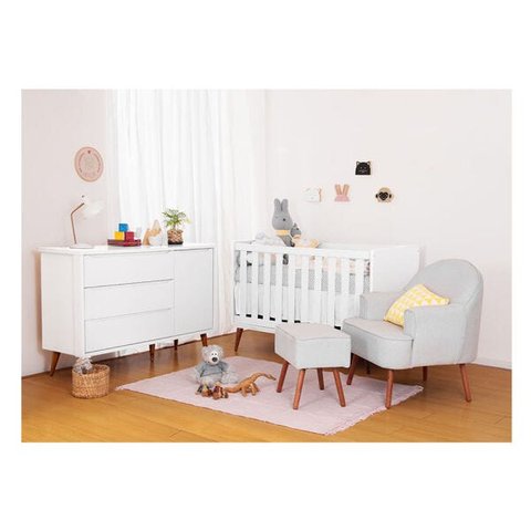 Kit Quarto de Bebê Retrô Theo - Berço + Cômoda + Poltrona de Amamentação e Puff - Branco