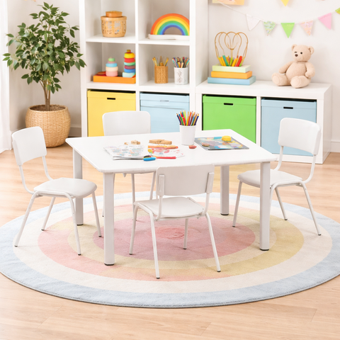 Jogo de Mesa Infantil 120 com 4 Cadeiras Brancas Resistente Refeitório Escola Creche Atividade