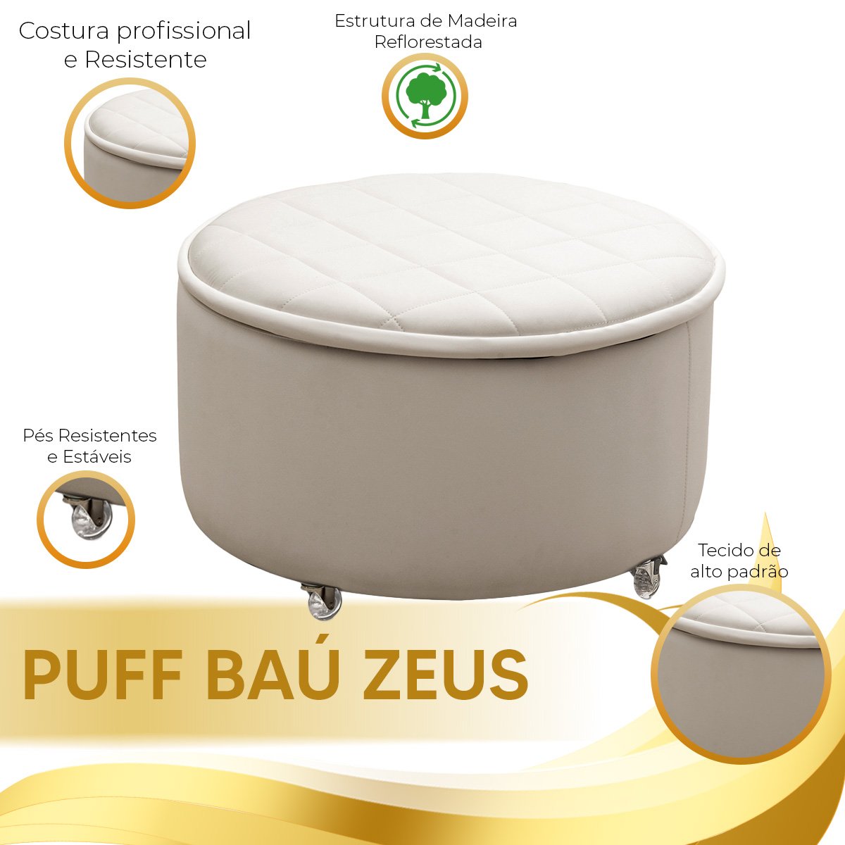 Puff Baú Sapateira Zeus 70x70 c/ Rodízio Material Sintético Branco - Star Confort - 5