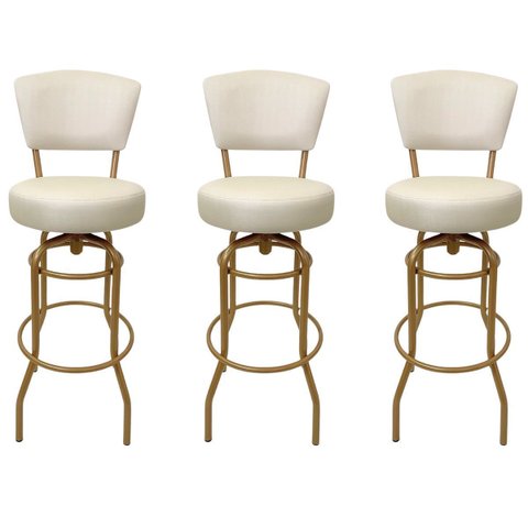 Banqueta Alta Bar Giratória com Encosto Cor Dourado Fosco Assento Grosso Cor Off White Kit 3 Peças