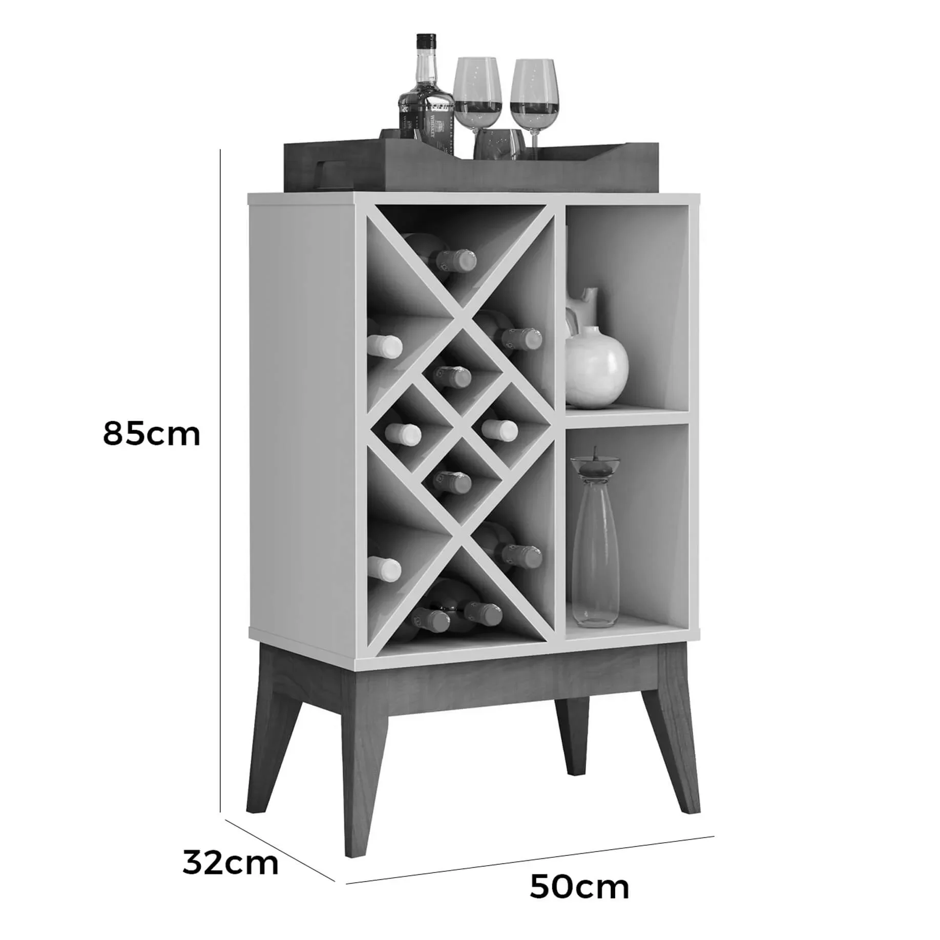 Aparador Bali Bar Adega com Bandeja Espelhada e Pés em Madeira EDN Móveis Cor Off White - 2