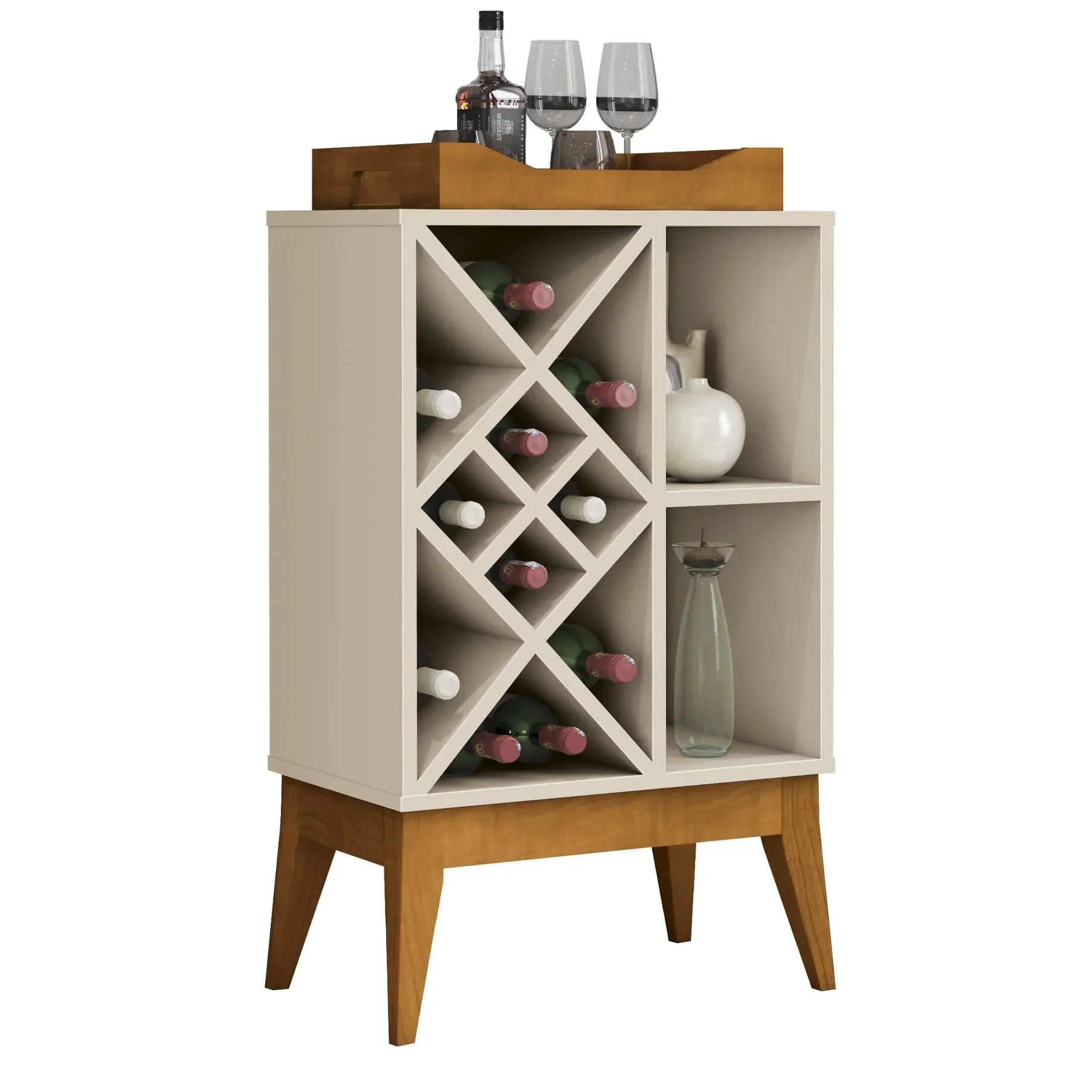 Aparador Bali Bar Adega com Bandeja Espelhada e Pés em Madeira EDN Móveis Cor Off White - 1