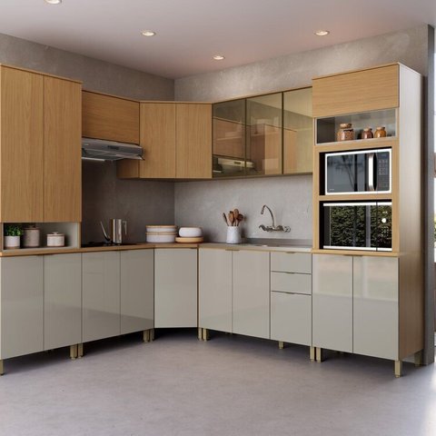 Cozinha Modulada 8 Peças 19 Portas e 2 Gavetas Karine Ii Marrom/Angelin/Nude