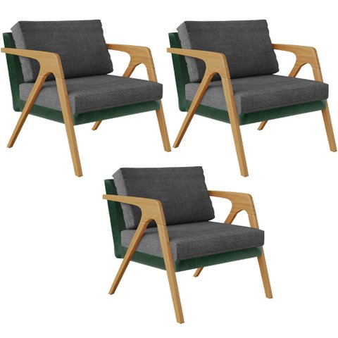 Kit 03 Poltronas Decorativas Sala Estar Pietra L02 Facto Verde Musgo Linho Cinza Escuro - Lyam