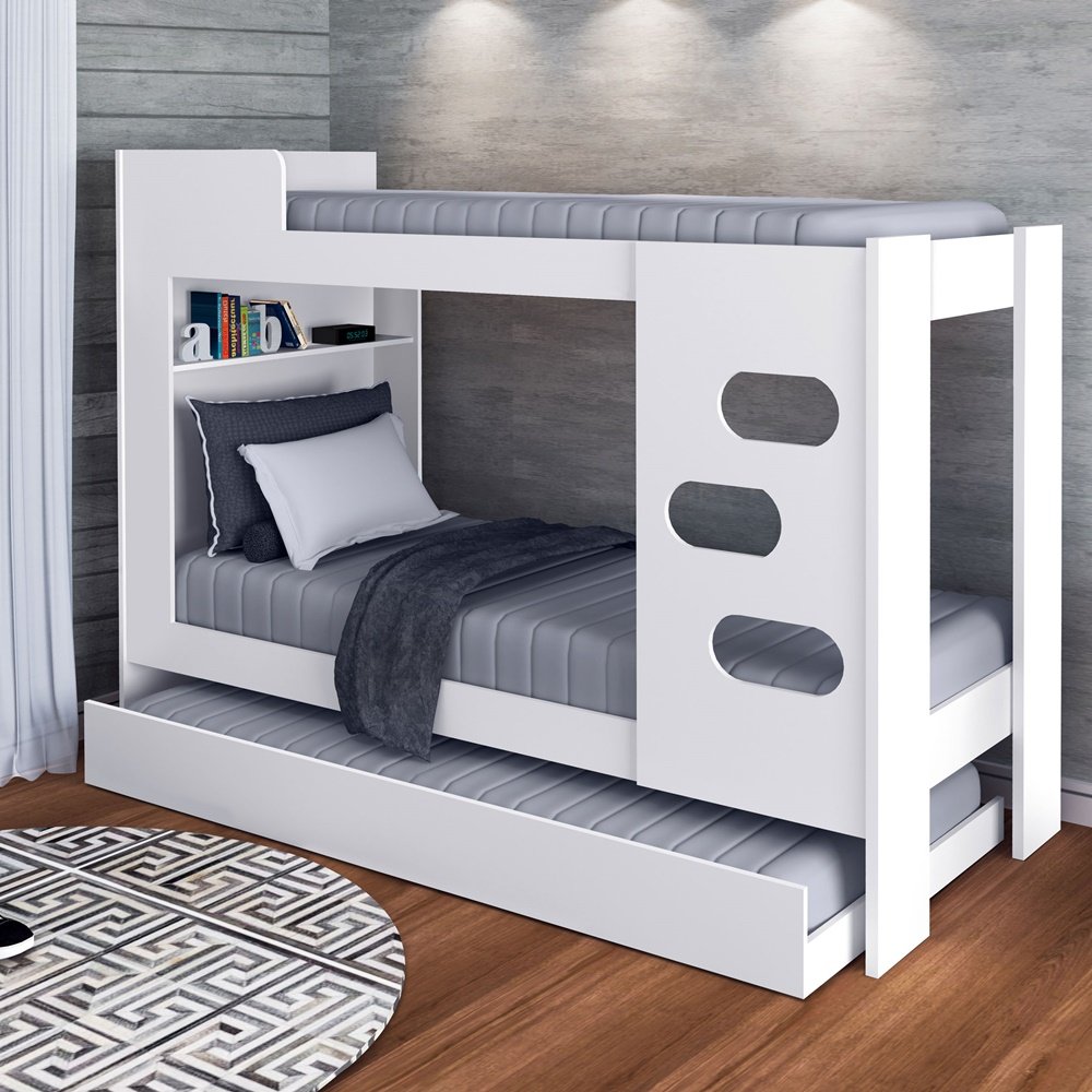 Beliche com Cama Auxiliar Floripa 100% MDF Escada e Proteção Lateral Branco J&A Móveis - 2