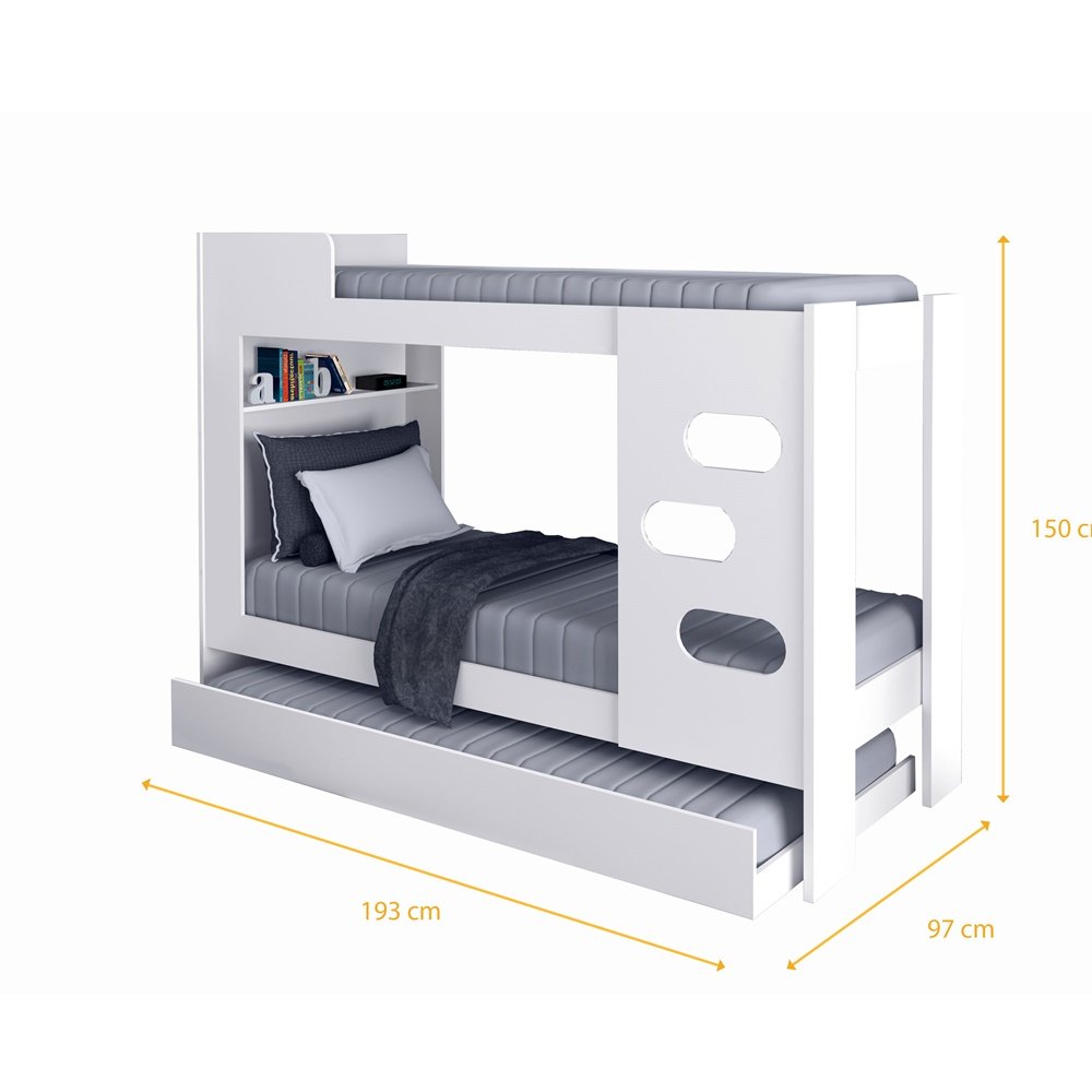 Beliche com Cama Auxiliar Floripa 100% MDF Escada e Proteção Lateral Branco J&A Móveis - 3