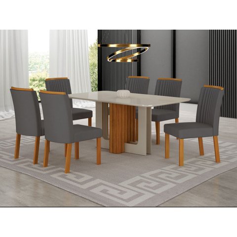 Conjunto Jantar 6 Cadeiras 1,80x090 Izabelle - Arbo Design - Cinamomo Off White Linho Cinza