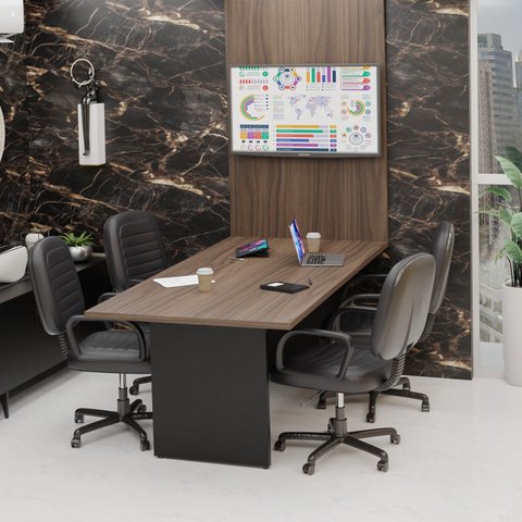 Mesa de Reunião para Escritório com Painel 2mx1m Tampo 30mm Nogal Netmobil