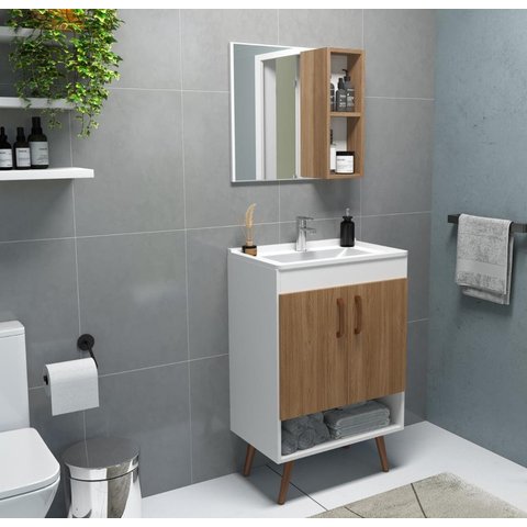 Gabinete para Banheiro 60cm Verona com Lavatório e Espelho Branco/carvalho Móveis Bosi