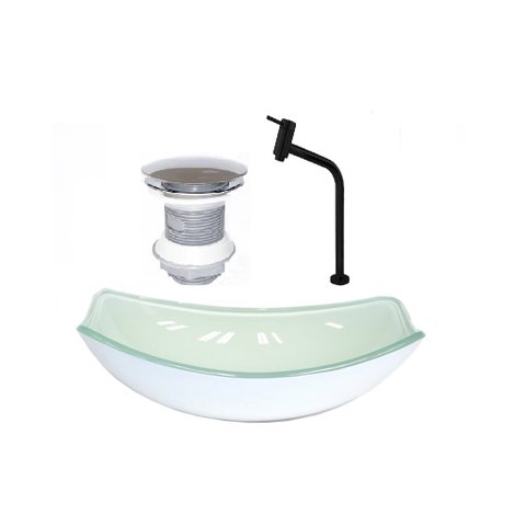 CUBA DE VIDRO OVAL CHANFRADA 51CM BRANCA + VALVULA + TORNEIRA PRETA