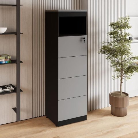 Armário Arquivo Escritório F5 4 Gavetas com Chave Nicho 46,5cm Cinza Sagrado com Preto F5 Office
