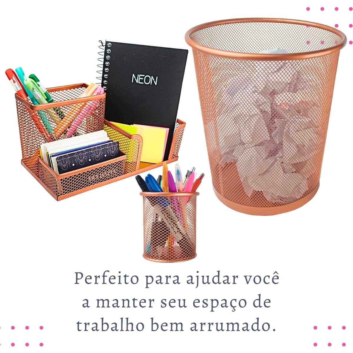 Kit Organizador, Porta Caneta e Lixeira Rose Gold Escritório - 2