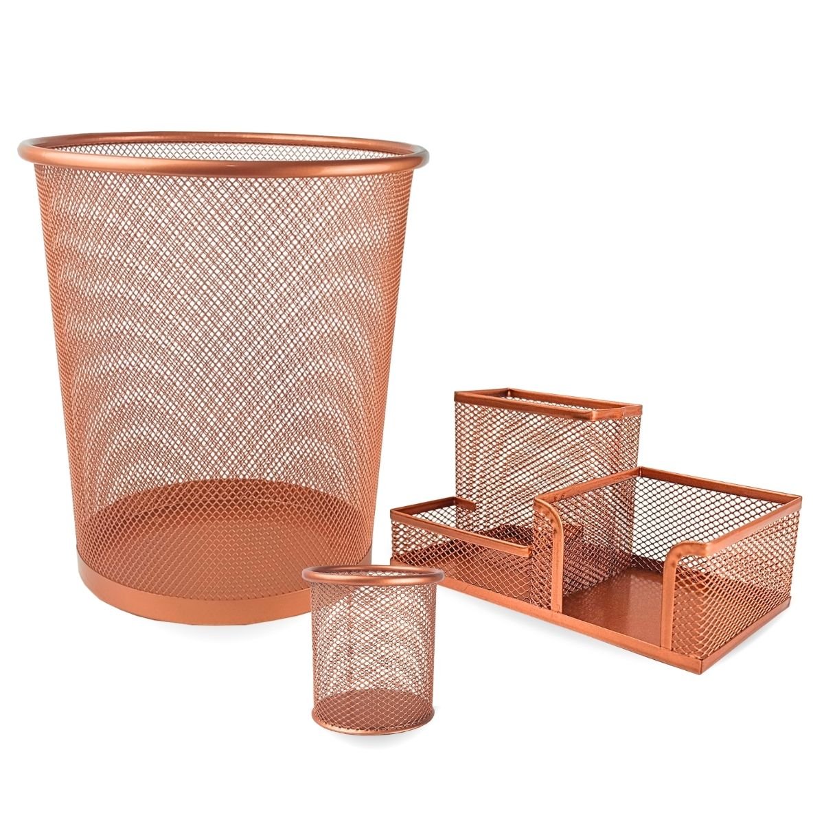 Kit Organizador, Porta Caneta e Lixeira Rose Gold Escritório