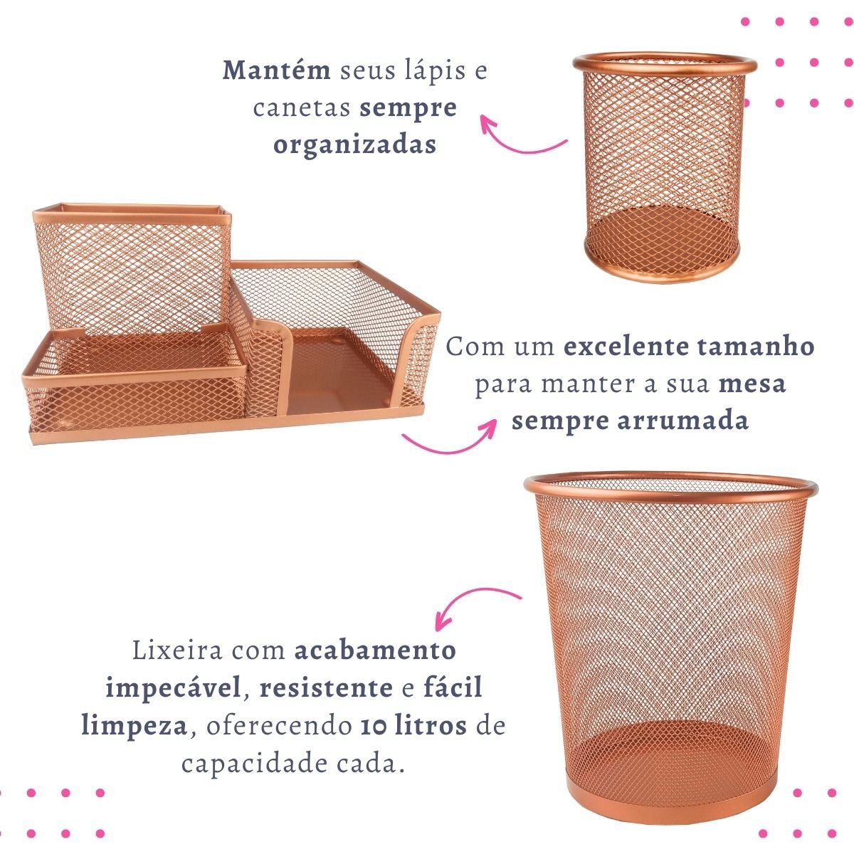 Kit Organizador, Porta Caneta e Lixeira Rose Gold Escritório - 3