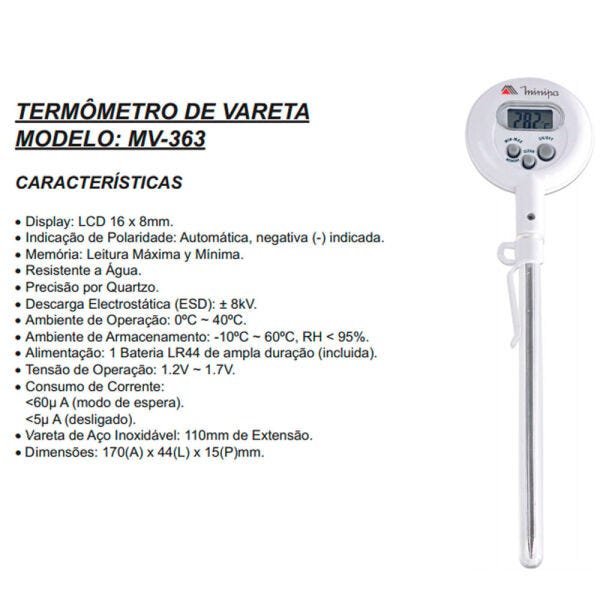 Termômetro de Vareta Minipa -10 a 200ºC - MV-363 MV-363 - 1