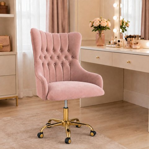 Cadeira Poltrona Home Office Helena Capitonê Base com Rodinhas Dourada