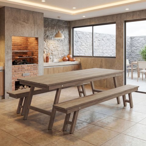 Mesa Rustica Com 2 Bancos Em Madeira 