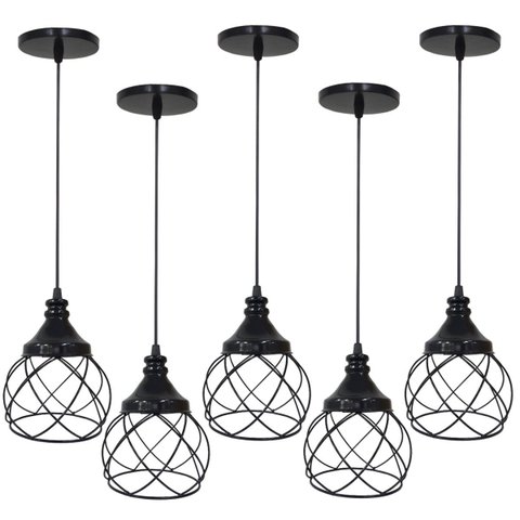 5 Pendentes Aramado Esfera Balonê Preto Lustre Luminária Teto Regulável Sala Cozinha Industrial Agp