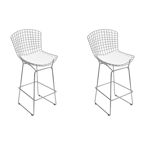 Kit 2 Banquetas Bertoia Cromada D80 com Assento Sintético Branco