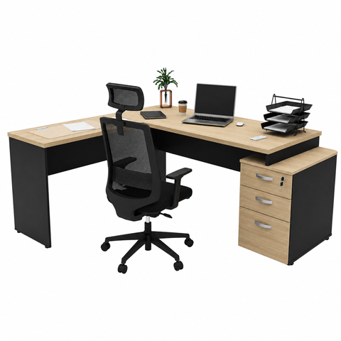 Conjunto Mesa Pedestal em L com Gavetas e Cadeira de Escritório Ergonômicas