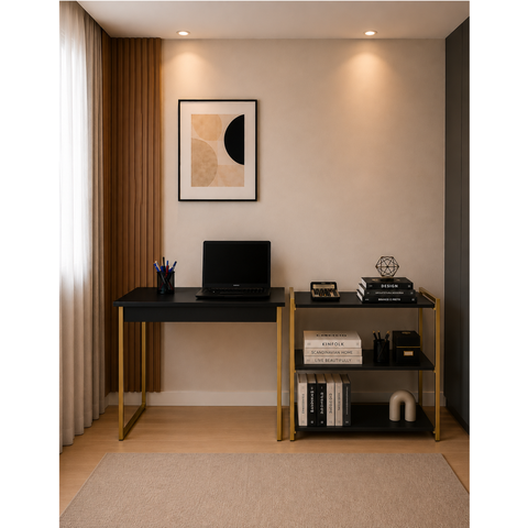 Kit Mesa Home Office 90 cm com Aparador 3 Prateleiras Júlia:Preto Dourado