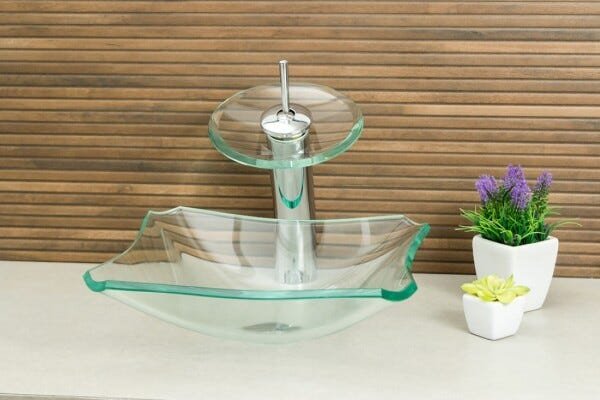 Kit Banheiro Cuba de Vidro Retrô 30 Cm + Torneira Cascata + Válvula Click + Sifão - Verde claro - 2