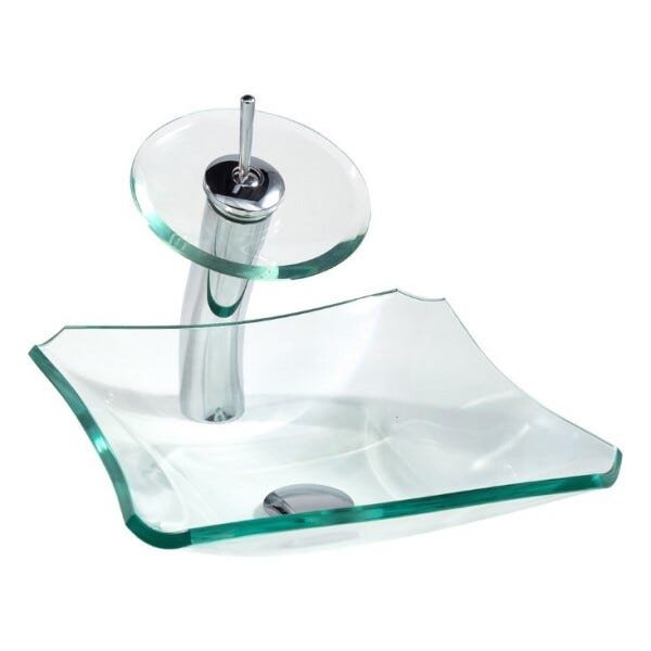 Kit Banheiro Cuba de Vidro Retrô 30 Cm + Torneira Cascata + Válvula Click + Sifão - Verde claro - 3