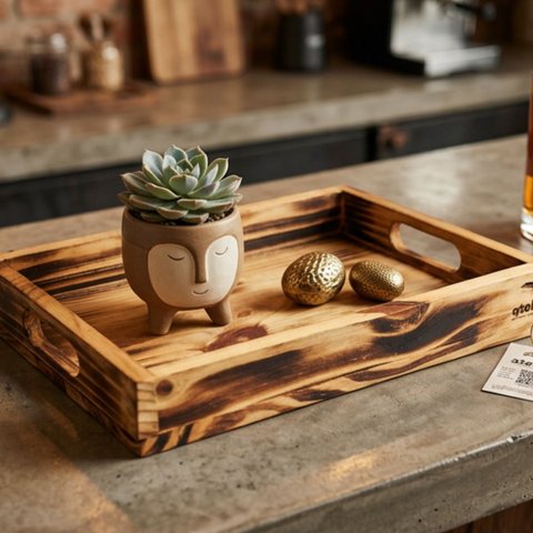 Gamela Bandeja Centro de Mesa Madeira Maciça Artesanal 45x29:Flambado
