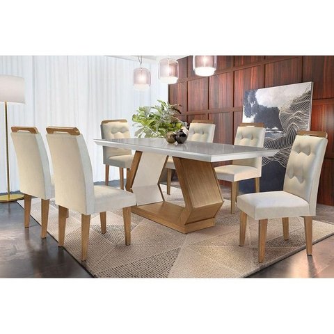 Conjunto: Mesa de Cozinha Alvorada Tampo Madeirado C/ Vidro Canto Reto 180x90cm e 6 Cadeiras