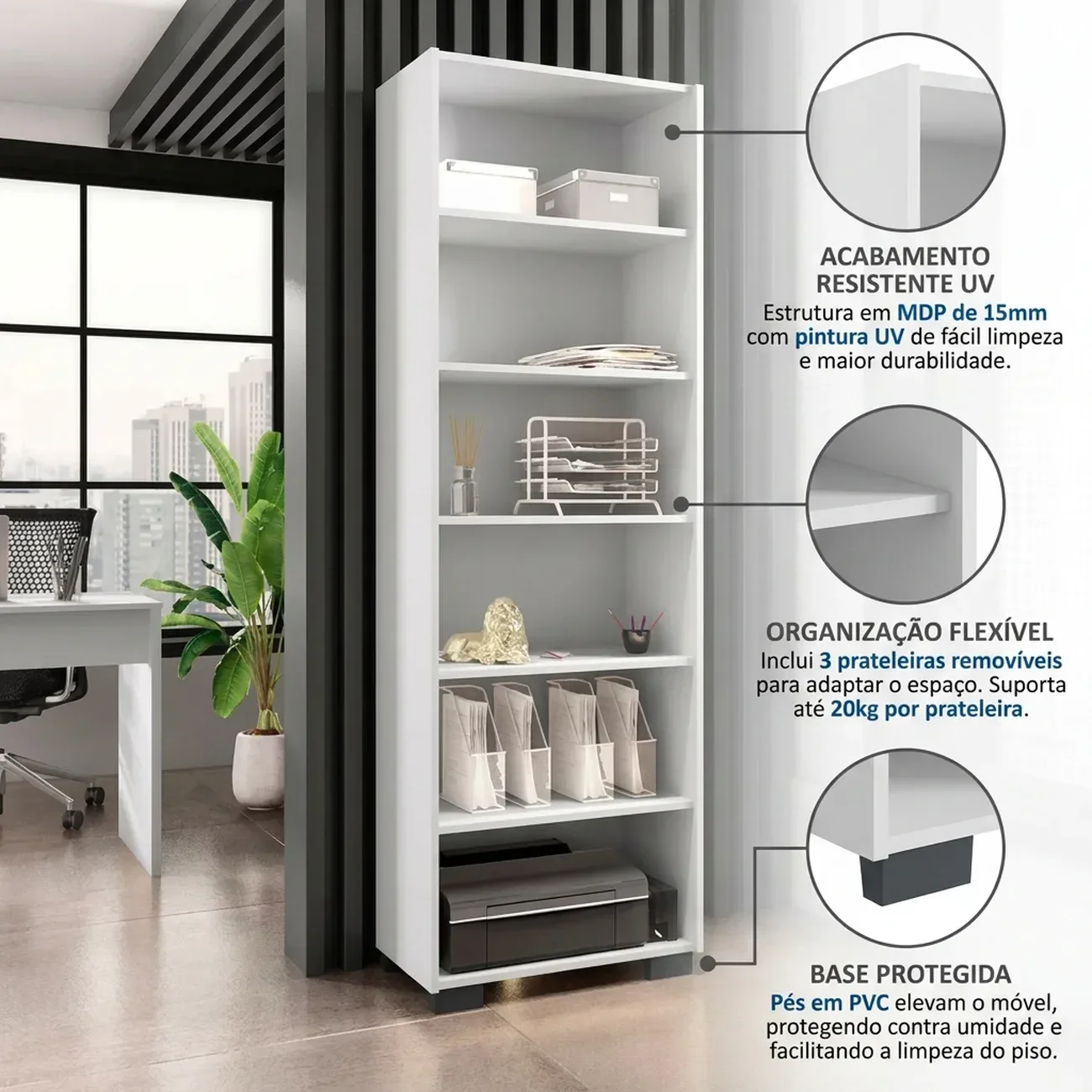 Ver imagem 4 de Estante de Livros 5 Prateleiras Office 188CMX60,5cm Branco Tx