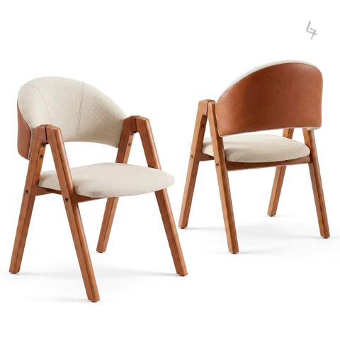Kit 2 Cadeiras de Jantar Linho Bege com Courino Madeira Maciça Design Moderno