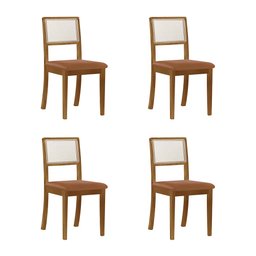 Kit 4 Cadeiras de Jantar Palha Estofadas Couro Pu Caramelo Tela Sextavada Rubi Madeira Maciça Mel - 1