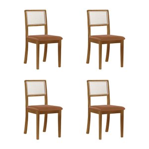 Kit 4 Cadeiras de Jantar Palha Estofadas Couro Pu Caramelo Tela Sextavada Rubi Madeira Maciça Mel