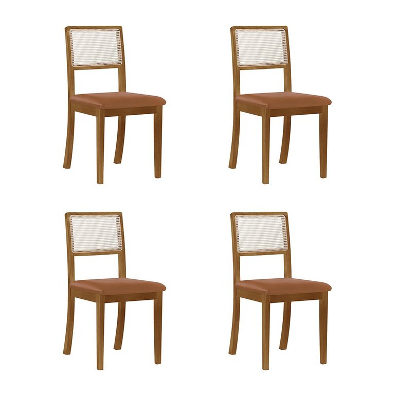Kit 4 Cadeiras de Jantar Palha Estofadas Couro Pu Caramelo Tela Sextavada Rubi Madeira Maciça Mel