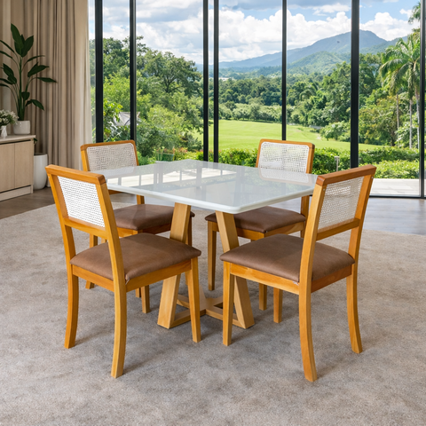 Kit 4 Cadeiras de Jantar Palha Estofadas Couro Pu Caramelo Tela Sextavada Rubi Madeira Maciça Mel