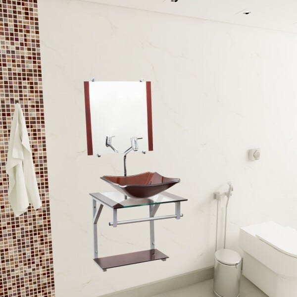 Gabinete para Banheiro De Vidro Madri 40 Cm Com Torneira Link - Marrom - 2