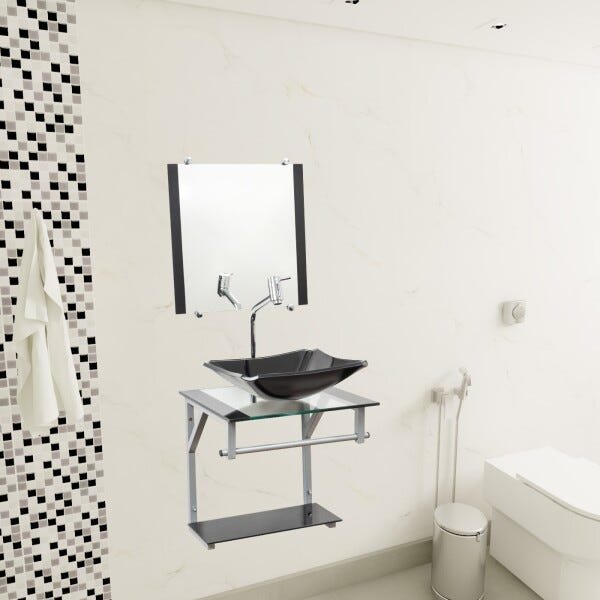 Gabinete para Banheiro De Vidro Madri 40 Cm Com Torneira Link - Preto - 2
