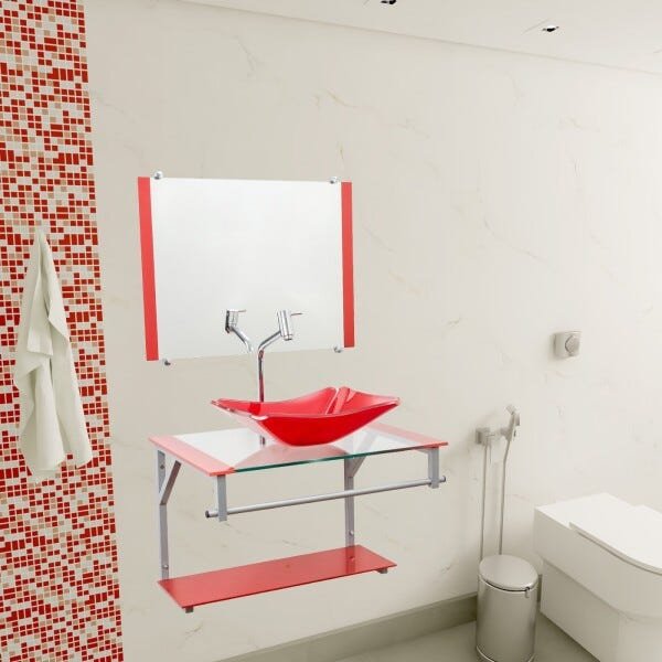 Gabinete Para Banheiro De Vidro Paris 60 Cm Com Torneira Link - Vermelho - 1